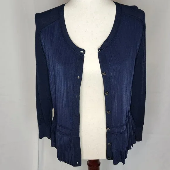 Oscar de la Renta Navy Button Front Ruffle Hem Cardigan Size: L - Picture 4 of 16